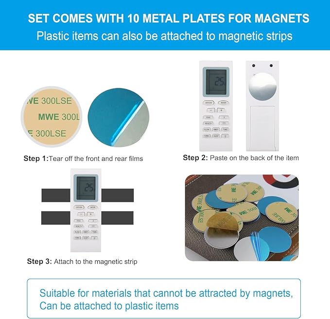 Magnetic Strips Tape with Adhesive Backing Magnet – Heavy Duty Magnets Strip, with 10Pcs Metal Stickers for Double Sided Self Sticky Non Metal, for Tool and Knife Strong Magnetic Wall Holder