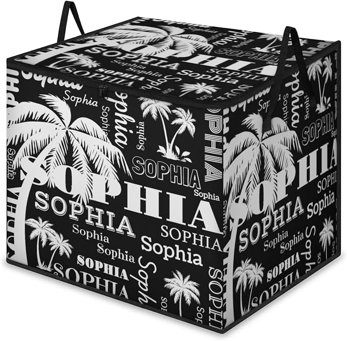 Personalized Extra Storage Bins with Lid, Customized Name Tropical Palm Tree Black Storage Basket Rectangle Clothes Organizer for Organizing Kids Toys Shelf Closet