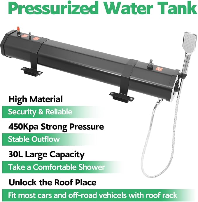 Pressurized Water Tank for Camping Shower, 7.93Gal Portable Camping Showerhead Handheld with Storage Bag, Roof Rack Shower for Hiking, Car wash, Pet Cleaning, Beach Vacations