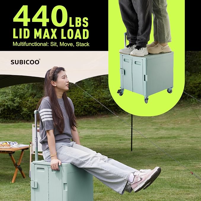 Folding Utility Cart Portable Rolling Crate Handcart Shopping Trolley Collapsible Tool Box, with Lid, on Rotate Wheels, for Grocery, Shopping, Office, Teacher, Camp,File (Green)