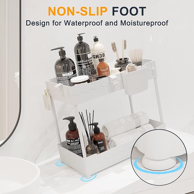2-Pack Under Sink Organizer with Hooks & Hanging Cup for Kitchen | Multi-use kitchen & bathroom storage, 12.8 inch white cabinet organizer, with hooks and hanging cup for easy access.