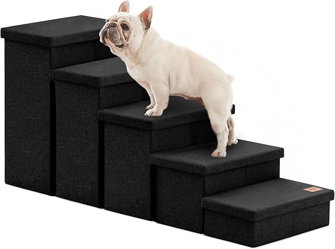 Love's cabin Dog Stairs for High Bed, Foldable Pet Stairs for Small Medium or Large Dogs Puppy with Storage for Bed or Couch, Cat Dog Steps Ramp with Zip up to 200 lbs, Black, 5 Steps
