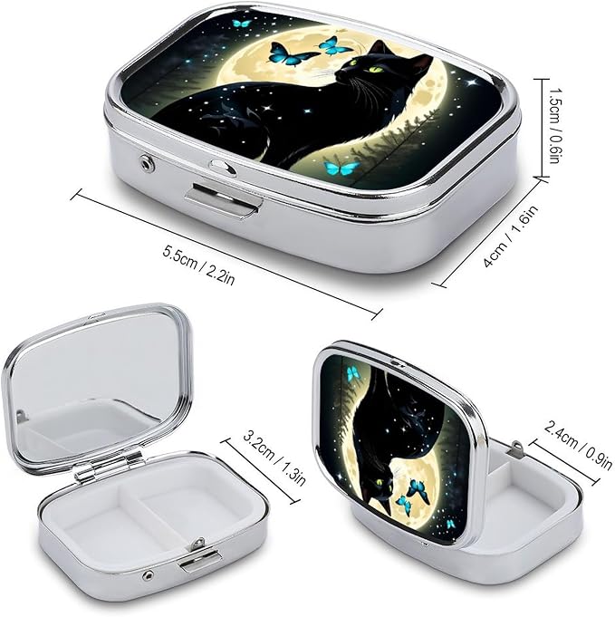 Black Cat and Butterfly Durable Metal Pill Case for Daily Use, 2 Slot Medicine Box Organizer,Leak Proof Travel Pill Container for Vitamins, Compact Pocket Medicine Holder for Seniors,Holiday Gift