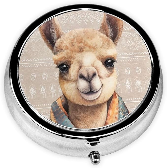 Boho Alpaca Animal Pattern Brown Portable Pill Organizer | 3 Compartment, With Mirror, For Men Women, For Daily Supplements, Vitamins, Fish Oil, Jewelry, Candy, Travel