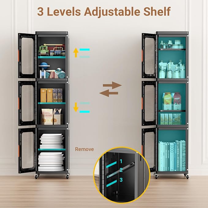BROVIEW 4-Tier Tall Narrow Storage Cabinet Organizer, Slim Bathroom Cabinets with Adjustable Shelves and Doors, Plastic Kitchen Pantry Organizers and Storages for Small Space, Laundry, Black