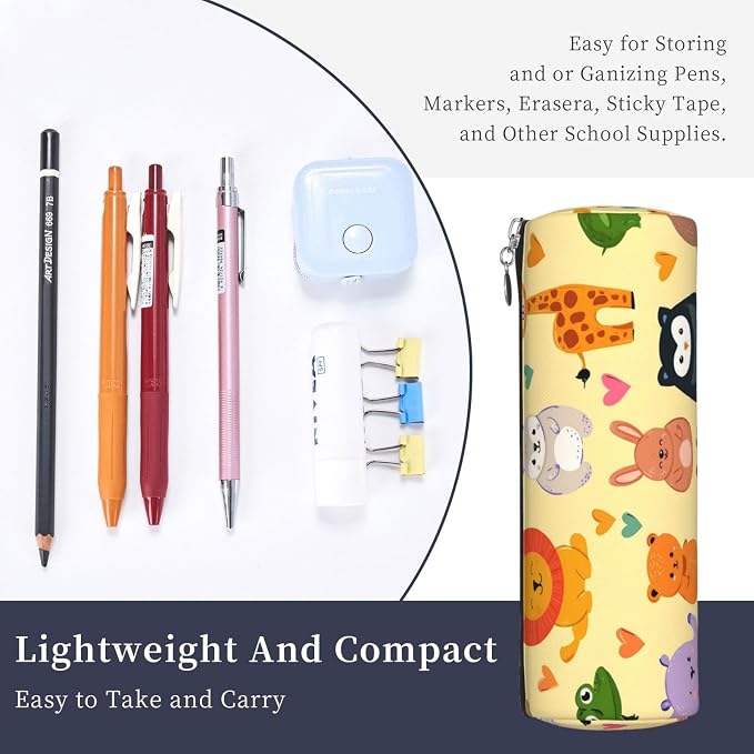 OSAM SPACE Leather Pencil Case Round Pencil Bag Cute Animals Hearts Pen Organizer Holder Portable Zipper Pouch Cute School Supplies for Girls Boys Study Office