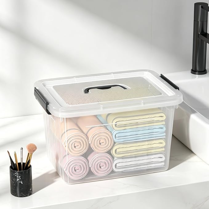 22 L Clear Storage Bin with Handle, Latching Storage Box, 4-Pack | BPA Free Plastic, 15.4" x 11.14" x 9.3"