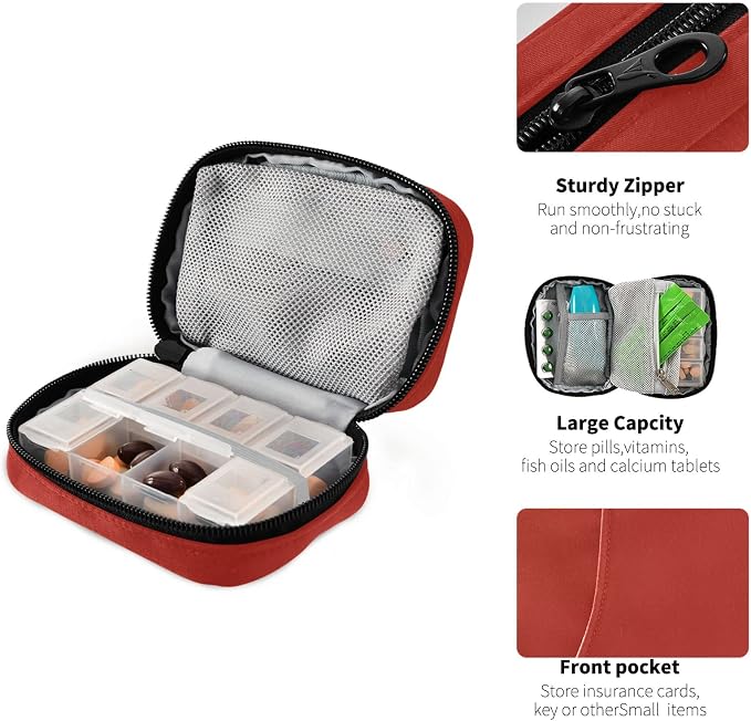 Basic Red Pill Case, Portable Weekly Pill Box Bag Container 7 Days Pill Organizer Vitamin Supplement Holder with Zipper for Travel Family Business