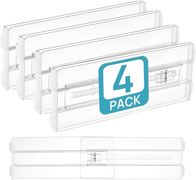 Vtopmart 4 Pack Drawer Dividers for Clothes, 4" High 10.2"-16.5" Adjustable Expandable Dresser Drawer Organizer, Clear Plastic Separators for Dresser, Baby Clothing, Underwear, Cosmetic, Toiletries | Expandable Dresser Drawer Organizer, Clear Plastic S...
