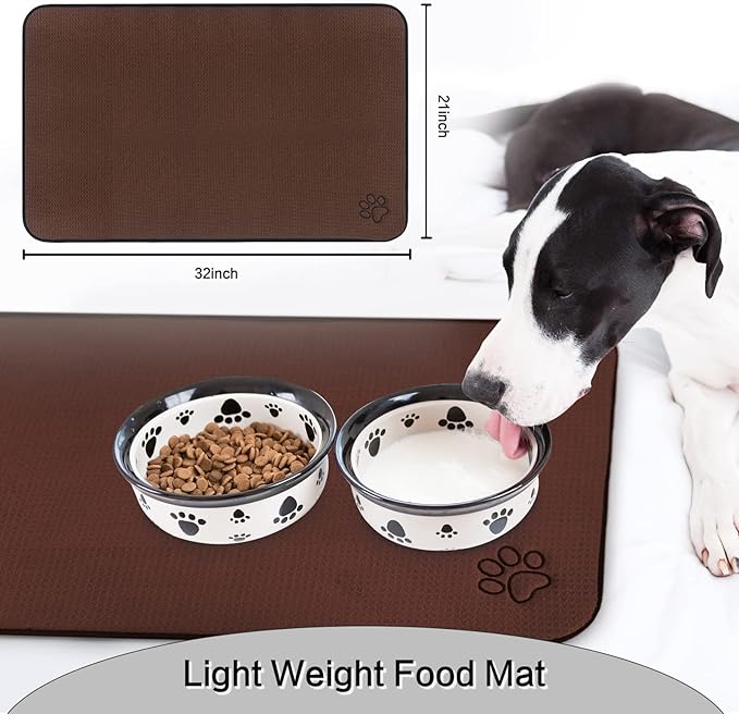 SINLAND Microfiber Extra-Large Pet Food Mat Dish Drying Mat Dog Feeding Mats Pet Bowl Mat with Anti-Skid Backing 21 Inch x 32 Inch Brown