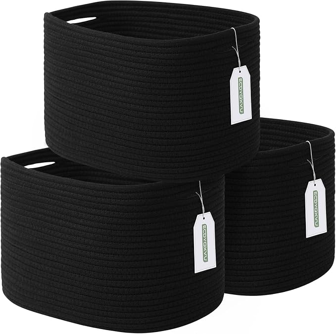 ECDYQXVU 15x10x9 Inch Woven Cotton Rope Storage Basket, Black, 3 Pack | Foldable Design, Built-in Handles, Space-saving Organizer for Living Room, Bedroom, Laundry, Shelves, Clothes, Towels