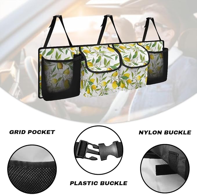 Dreaweet Lemon Trunk Organizer for Car Women,Large Capacity Backseat Trunk Organizer,Collapsible Storage Bag with 4 Pockets,Car Organizer for SUV Truck