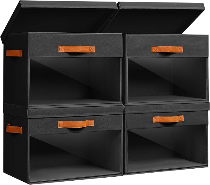 Large Storage Bins with Lids - 4 Pack Foldable Decorative Organizers with Clear Windows & Handles, Cube Storage Organizers for Clothes, Blankets, Sweaters, Sheets, Black