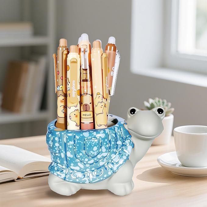 Ceramic Turtle Shaped Pen Pencil Holder for Desk Decoration Accessories Turtle Decor Makeup Brush Pen Cups Succulent Plant Pot Office School Ideal Gifts for Women, Mom or Birthdays