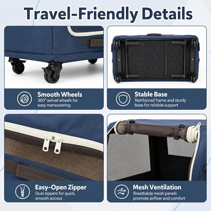 Foldable Rolling Pet Carrier Crate with Telescoping Handle | Soft-Sided Mesh Vents, 4 Smooth Wheels, Removable Inner Mat, Compact Flat Storage, Small to Medium Pets