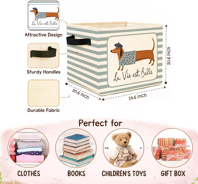La Vie Est Belle Dachshund Blue Stripe Foldable Fabric Storage Bin | French dachshund and blue stripe design; foldable bin for toys, books, clothes in kids room, nursery, bedroom or playroom.