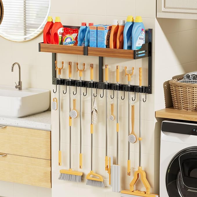 Broom and Mop Organizer Wall Mount, 2 pcs | Wall Hanging, Cleaning Supplies Organizer, Storage Shelf and Hooks, For Laundry Room Garage Kitchen