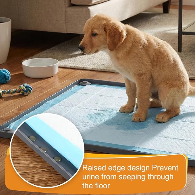 Nuanchu Pee Pad Tray Holder for Dogs, 23 x 23 Inch Silicone Dog Puppy Pad Holder with Four Fixed Points Stable Grip, Raised Edges, Quick-Wipe Dog Potty Tray for Indoor Flooring Protection