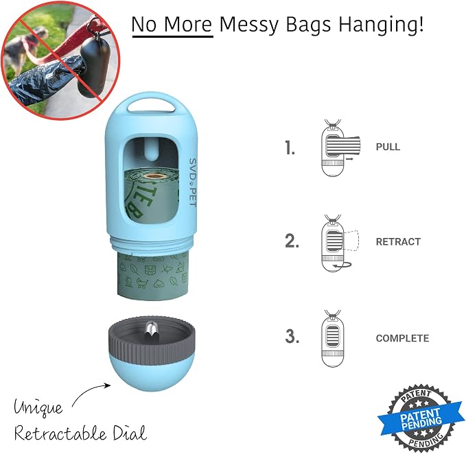 SVD.PET Dog Poop Bag Dispenser, Waste Bag Retractable, Columbia Blue | Portable Poop Bag Holder, Fits Any Dog Leash, Leak-Proof Bag Starter Roll Included, Dog Walking & Travel Accessory