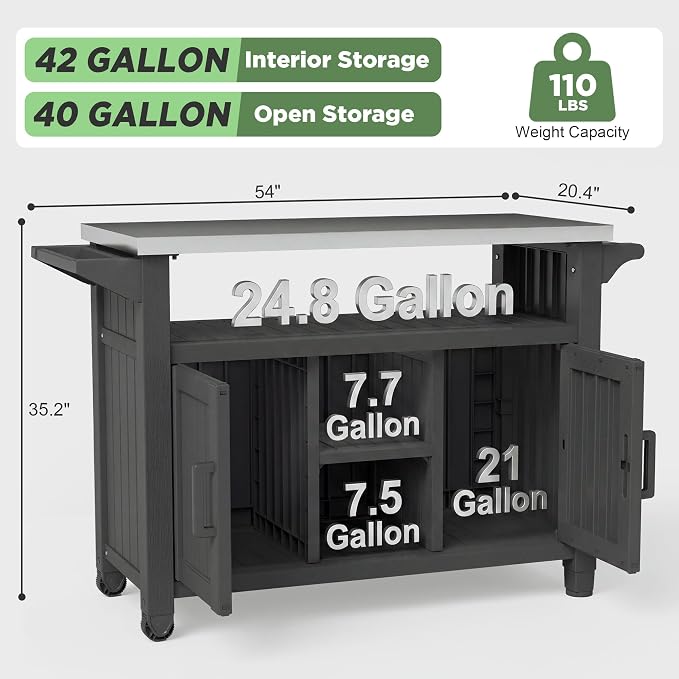Bifanuo Outdoor Grill Table Grill Cart with Stainless Steel Top & Storage Cabinet for Food Prep and Storage, Portable and Durable with Wheels (Standard Black)