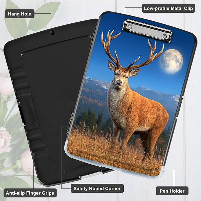 A4 Clipboard with Storage Pen Holder, Clipboards Organizer Nursing Clipboard Foldable File Folder Plastic Clipboard Folio Clip Board for Office Work Classroom Doctor, Grassland Deer