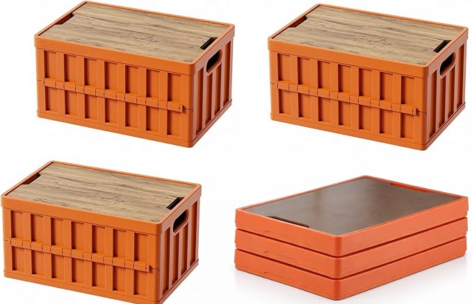 VIMI 50L Collapsible Storage Bins with Lids Stackable Utility Crates with Handles Plastic Large Folding Containers for Organizing Tools,Books,Food,Drinks,Camping&Transport(Muted Red-3 Packs)