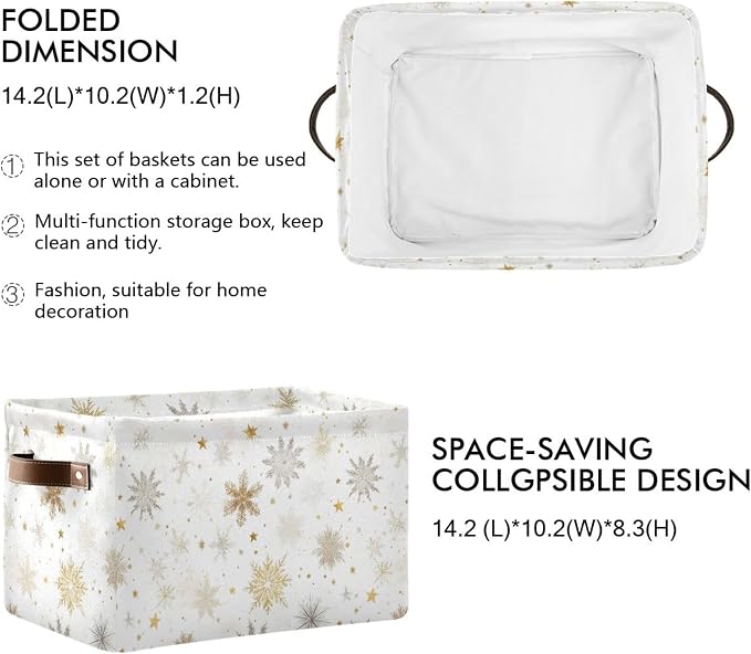 Winter Snowflake White Storage Basket with Waterproof Liner and PU Handles Golden Christmas Holiday Xmas Storage Boxes 14.2" Collapsible Decorative Organizer Baskets for Bedroom Closet Office 1 Pack