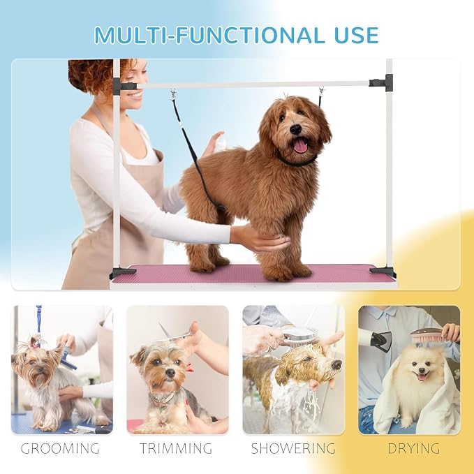 Pet Dog Grooming Table, Foldable Stainless Steel Pet Drying Grooming Table Up to 330lbs, Professional Bathing Desk for Dogs at Home with Adjustable Overhead Arms, Noose, Mesh Tray, 36''/Pink