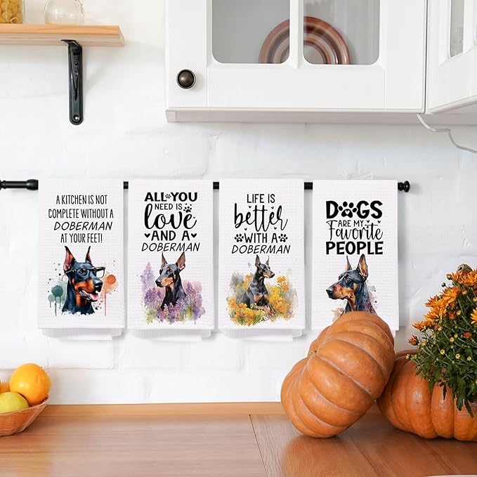 SPBL&L Doberman Dog Kitchen Towels Set of 4, Doberman Gifts for Women, Doberman Decor Tea Dish Towels for Kitchen, Doberman Dog Decorative Hand Towels for Bathroom, 16x24 Inches