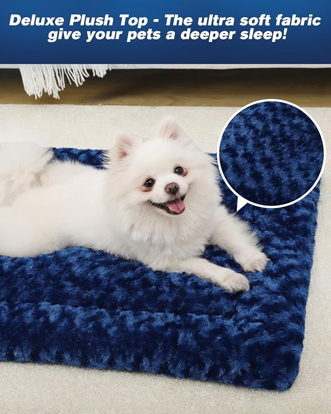 Exsnugy Washable Dog Bed Mat Medium Size Fluffy Pet Crate Pad 36x23 | Non-Slip Bottom Kennel Beds Ultra Soft Comfy Sleeping Mattress for Large Medium Small Dogs Blue