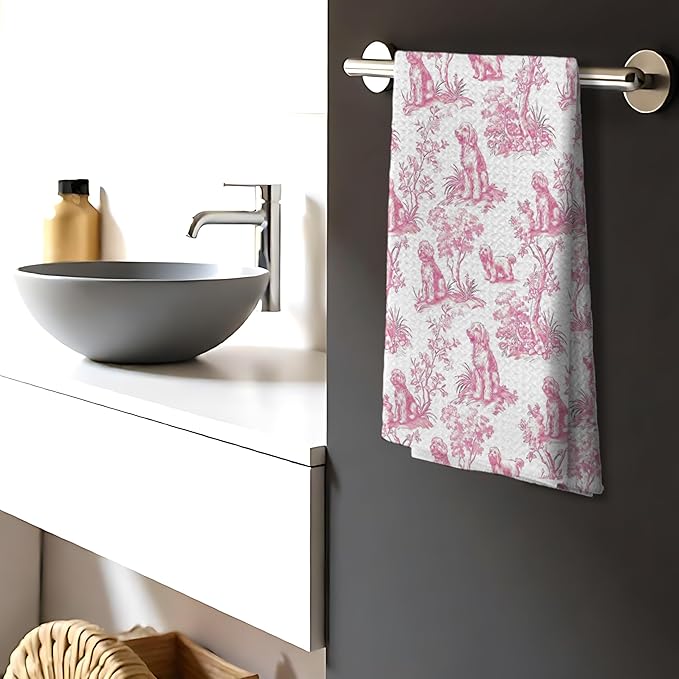 Pink Chinoiserie Poodle Kitchen Towels, Standard Poodle Gifts Hand Towels for Kitchen Bathroom Decor,Pink Botanical Grandmillennial Dog Decorative Dish Tea Towels, 16x24 Inch