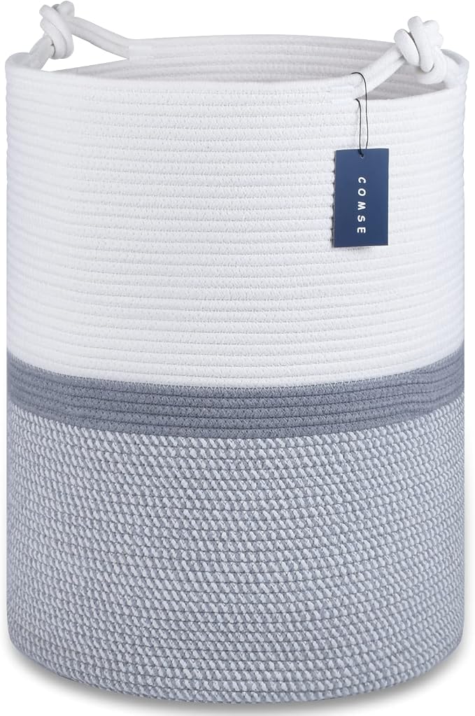 COMSE Tall Woven Blanket & Laundry Basket, 72L, Blend White & Gray | 15.7”x 21.7”, Cotton Rope, Large Nursery Hamper for Storage of Toys Clothes Towels, Great for Living Rooms Bedrooms Bathrooms