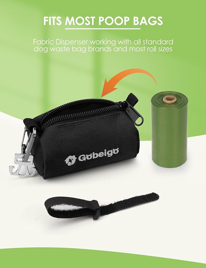 Gobeigo Dog Poop Bag Holder with Used Bag Carrier(Black) | Large Opening for Easy Dispensing, Carabiner & Hook-and-Loop Strap Fits Any Leash, Includes 15 Unscented Waste Bags