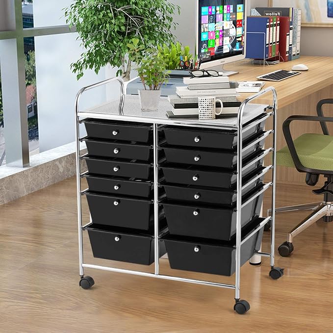 12 Drawer Rolling Storage Cart, Art Cart Organizer on Wheels, Mobile Utility Cart with Drawers, Multipurpose Craft Drawers for Home Office School Classroom (Black)