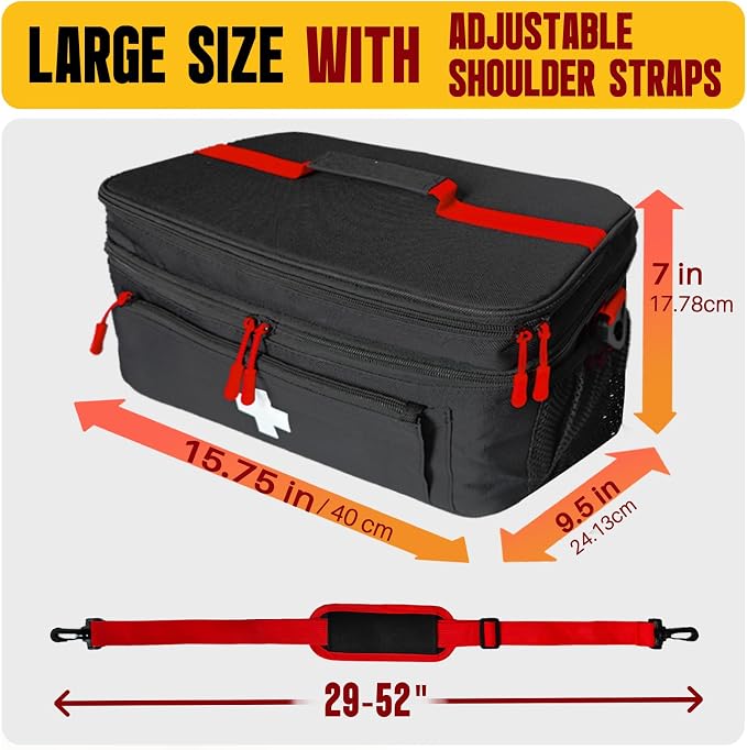 2-Layer First Aid Bag Empty 15¾”x 9½”x7” Medical Bag Large Pill Bottle Box Portable Emergency Bag for Outdoor Travel & Home Use, Medicine Kit Organizer Case with Shoulder Strap (Black)