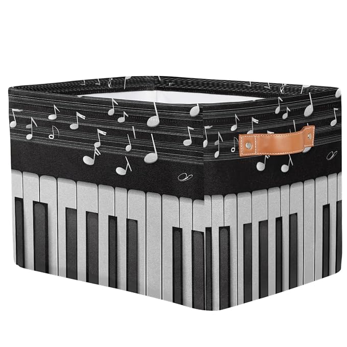 SEULIFE Abstract Piano Music Note Foldable Storage Basket, Large Collapsible Organizer Storage Bin Cube Toys Storage Boxes with Handles for Bathroom Kids Nursery Closet Storage, 1 Pack