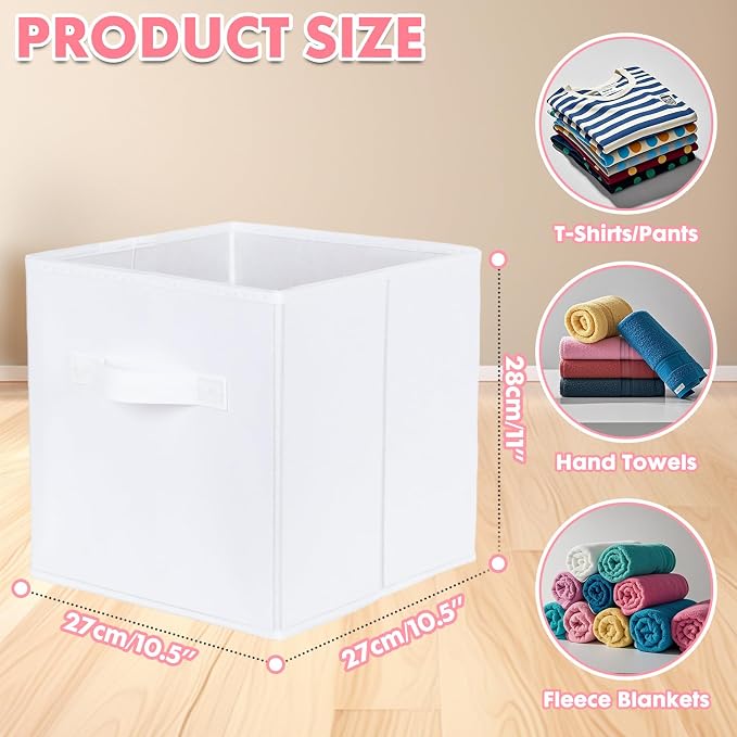 PowerKing Collapsible Storage Cubes, Farbic Storage Bins, White, 6 Pack | Sturdy, Lightweight, Easy Pull Handle, Closet & Shelf Organizer, Clothes and Toys Storage, 10.5'' x 11'' x 10.5''