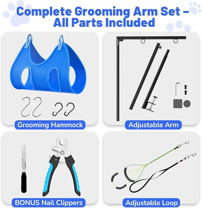 Dog Grooming Arm, 26"-38" Adjustable Clamp with Hammock | Nail Clippers Included, Adjustable Height, Heavy-Duty Design, 2 No-Sit Holders, Small & Medium Dogs