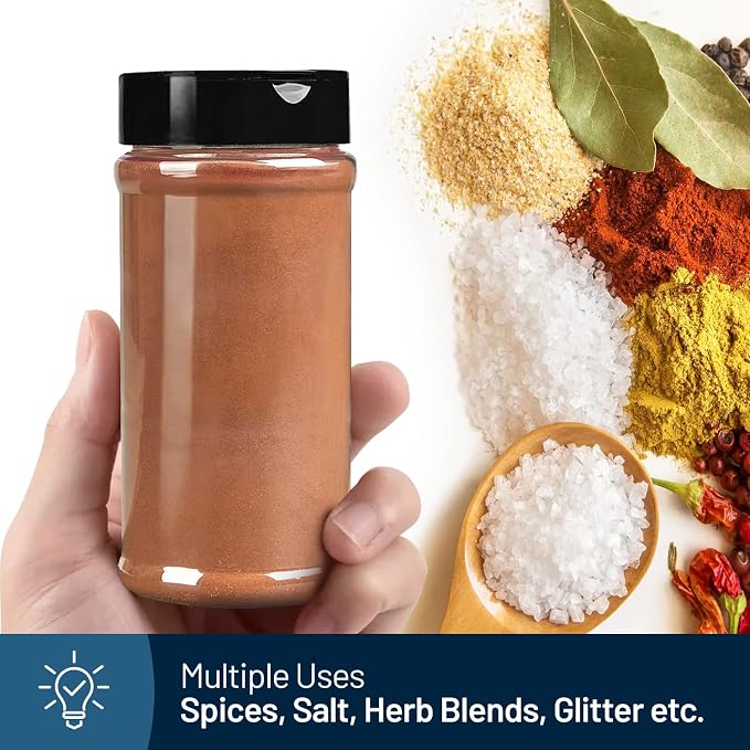 Plastic Spice Jars Bottle Containers with Black Cap, 16 Oz, 6 Pack | Clear Safe Plastic Bottle Containers with Shaker Lids, Lined Cap, PET Material, BPA-Free, Perfect for Herbs & Spices