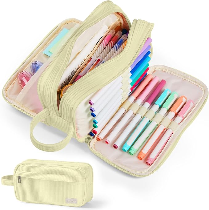 Sooez High Capacity Pencil Case, Soft Corduroy Pencil Pouch | Large Pencil Bag with 4 Compartments, Sturdy Zipper, Cute Case Pouch Organizer for Student Teen Girls, Yellow