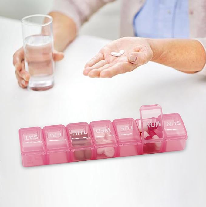 2 PCS Large Weekly Pill Organizer, 7 Day Daily Pill Box Case Easy to Open, Silkscreen Printed Medicine Container with Clear Lid for Vitamins, Fish Oils or Supplements (Pink)