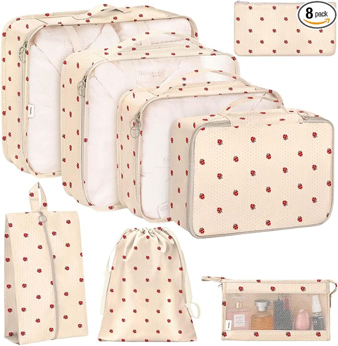 KPX 8 Set Packing Cubes for Travel, Luggage Packing Organizers Accessories Large Toiletries Bag for Clothes Shoes Cosmetics (8Set-Beige Strawberry)