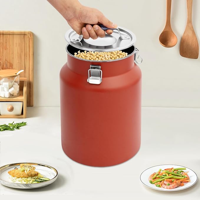 12L Stainless Steel Rice Storage Container with Airtight Lid&Handle, Red | Secure 3-Buckle Locking Lid, Portable Handle and Wide Opening, Stores Rice, Flour, Pet Food, Tea, Oil, Milk, Grains