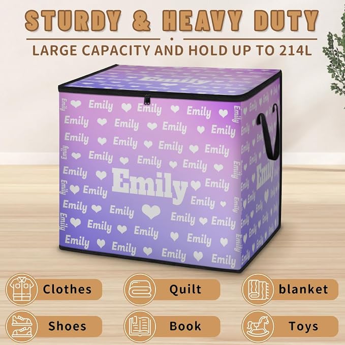 Personalized Extra Large Storage Basket with Lid, Comforters, Bedding Storage Bin with Handles for Home, Collapsible Basket Love Hearts Gradient Light Purple for Clothes, Moving, Car Trunk