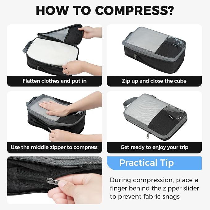 BAGAIL Lightweight Compression Packing Cubes for Travel, 6 Set, Black | Salis Nylon Fabric,Anti-Tearing,Save Space,SBS Zippers,Packing List,PVC Tag Pocket,Custom Labels,Visible Mesh,Portable Handel