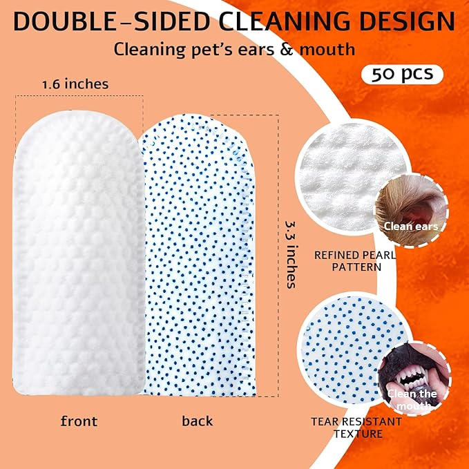 Dog Dental Wipes and Dog Teeth Cleaning Wipes, Puppy Tooth Brushing Kit Alternative for Dental Wipes for Dogs Teeth and Cat Tooth Brush Use, Non Woven Lick Safe No Rinse, 50 Count