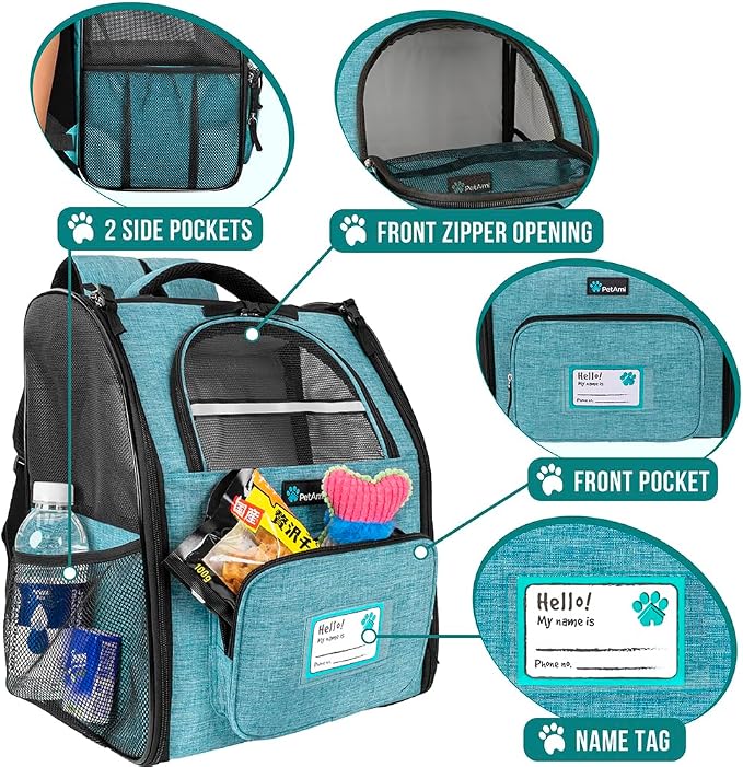 PetAmi Dog Backpack Carrier Airline Approved Cat Pet Puppy Bag, Turquoise | Ideal for Small Medium Large Pet up to 18 lb, 2 Side Entry Structured No-Collapse Frame, Ventilated Bookbag for Hiking Travel
