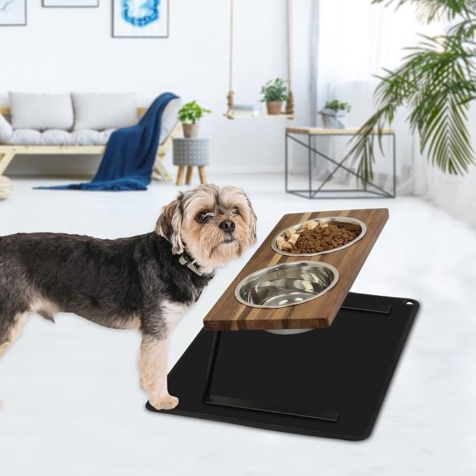 Aivituvin Elevated Dog Bowls, 15°Tilted Raised Cat Food Bowl, Walnut Wood Water Stand Feeder Set for Cats and Puppy, Pet Bowls with Anti Slip Mat(Medium)
