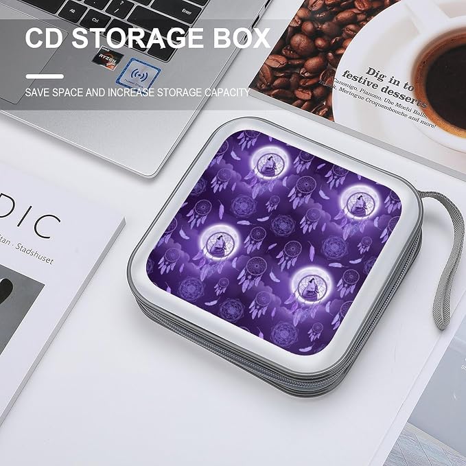 Protective 40-Disc CD/DVD Wallet Native Dream Catcher American Wolves Purple, Hard Plastic Storage Binder with Handle, Portable Organizer for Car Office Travel