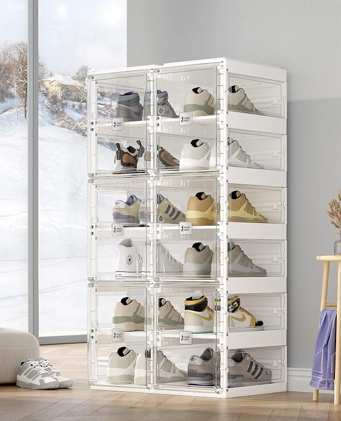 ANTBOX Foldable Shoe Rack,Shoe Organizers for Closet Plastic Shoe Storage Box Space Saving for Entryway, Large Sturdy Stackable Sneaker Cabinet Bins with Magnetic Clear Door 6 Tiers 12 Pairs